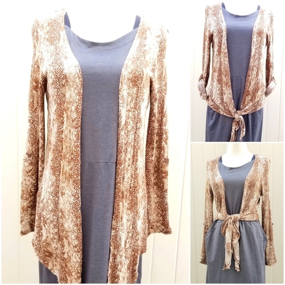 French Laundry Brown Snakeskin Print Open Front Roll-up Sleeve Cardigan , Small